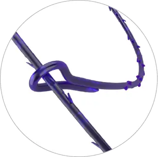 Close-up of QUBIX™ – PDX absorbable suture showing optimized end loop which ensures more secure closure in laparoscopic procedures.