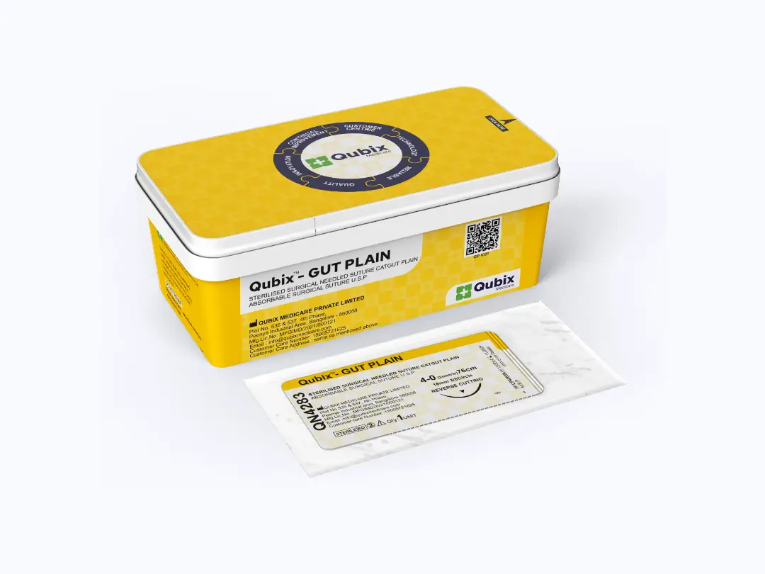 QUBIX™ – GUT PLAIN absorbable suture foil and the unique polypropylene box packaging it comes in.