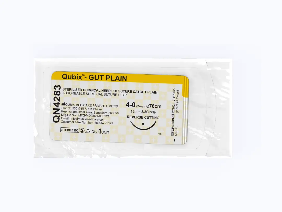 A sterile suture foil containing QUBIX™ – GUT PLAIN absorbable suture.