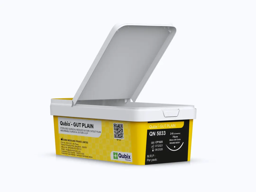 ach sturdy box of QUBIX™ – GUT PLAIN absorbable sutures comes with a smudge-proof variable information label and QR code for accessing the product IFU.