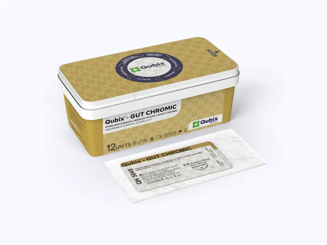 QUBIX™ – GUT CHROMIC absorbable suture foil and the unique polypropylene box packaging it comes in.