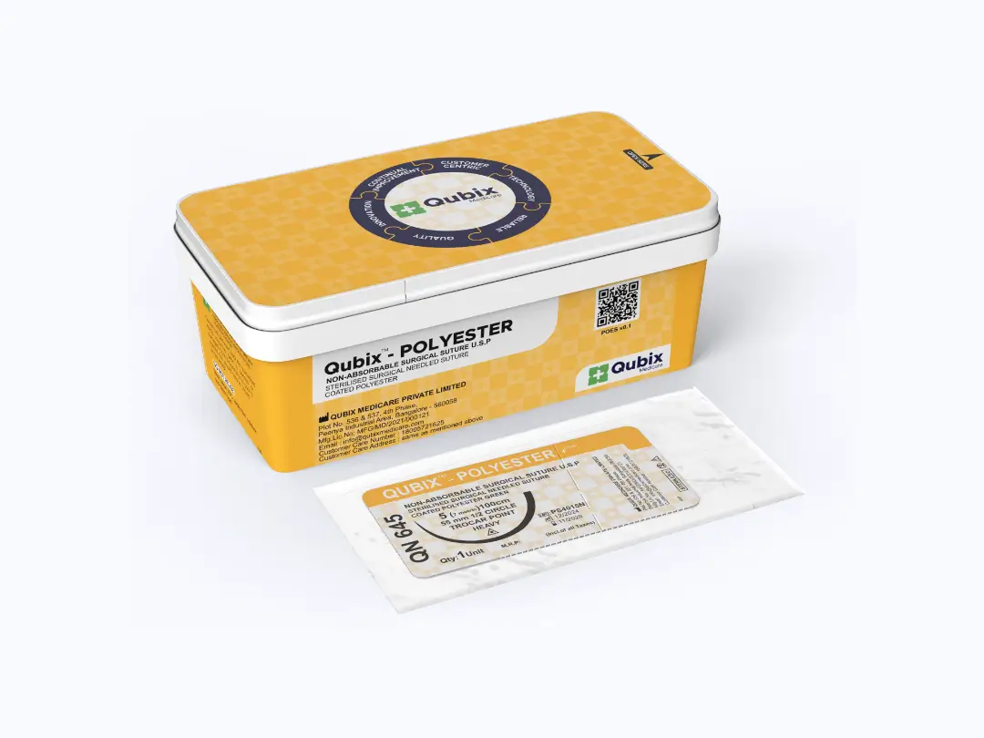 QUBIX™ – POLYESTER non-absorbable suture foil and the unique polypropylene box packaging it comes in.