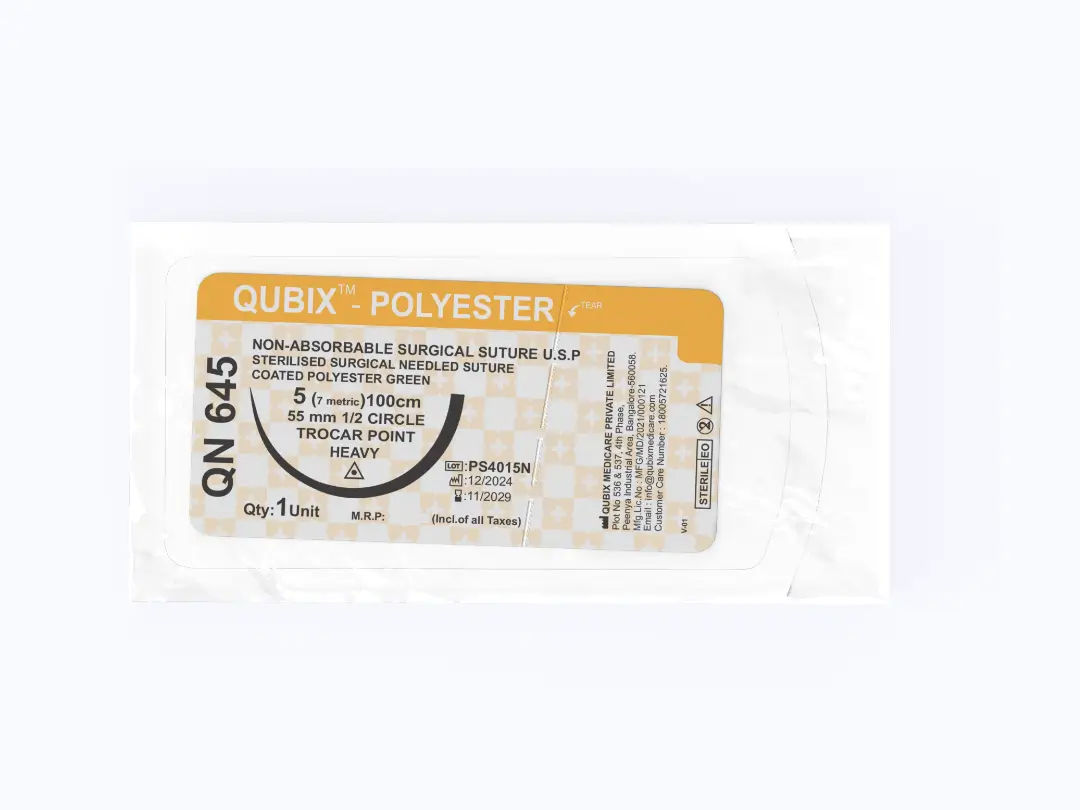 A sterile suture foil containing QUBIX™ – POLYESTER non-absorbable suture.