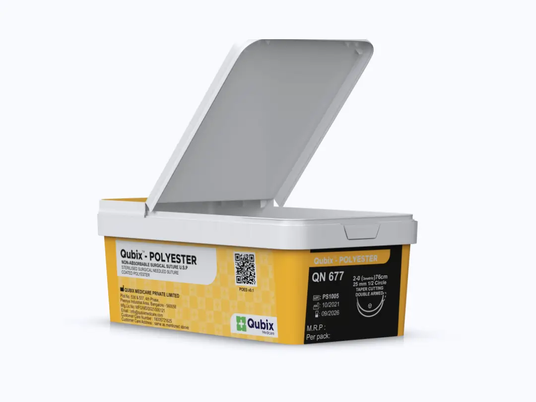 Each sturdy box of QUBIX™ – POLYESTER non-absorbable sutures comes with a smudge-proof variable information label and QR code for accessing the product IFU.