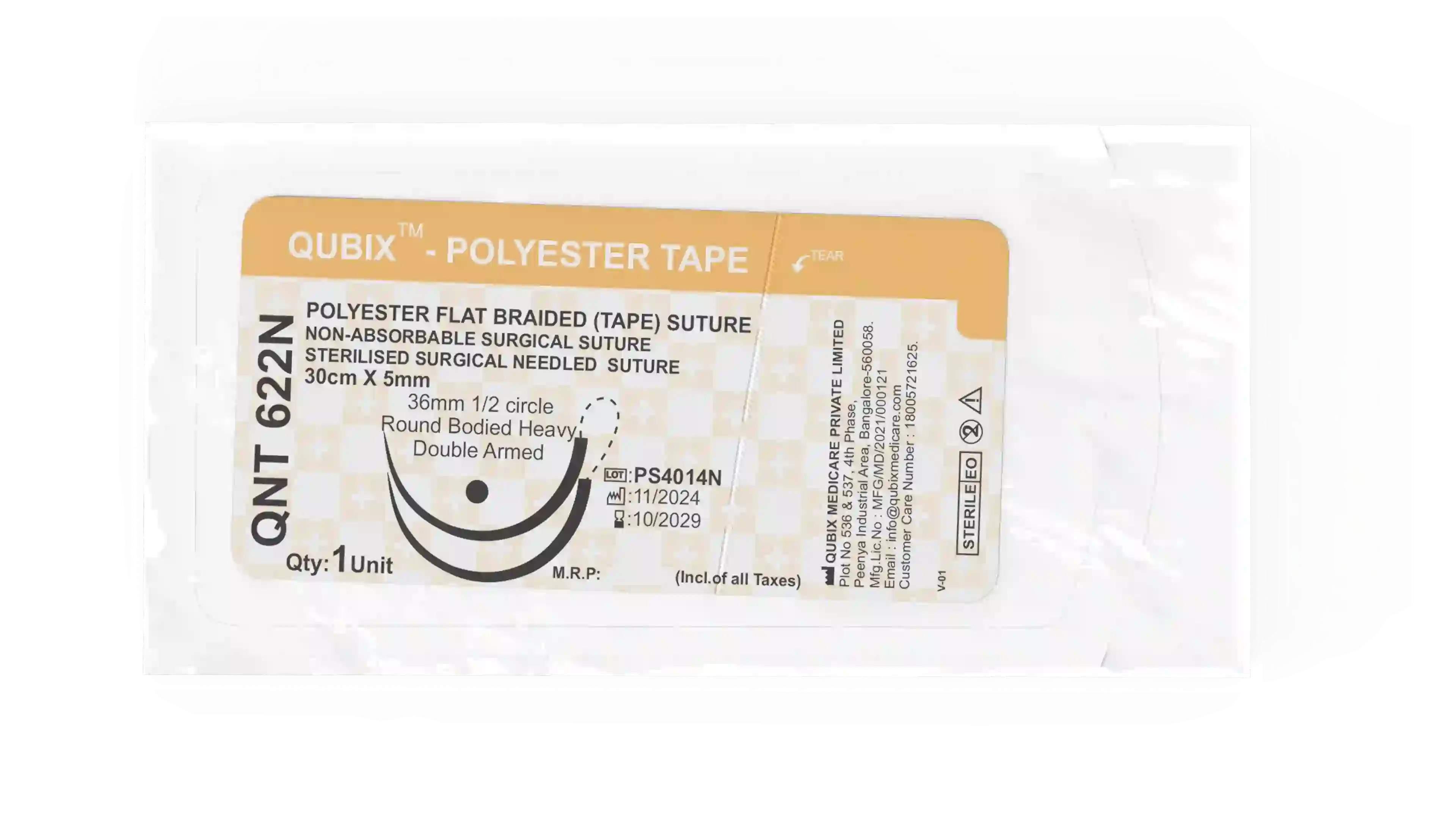 A sterile suture foil containing QUBIX™ – POLYESTER TAPE non-absorbable suture.