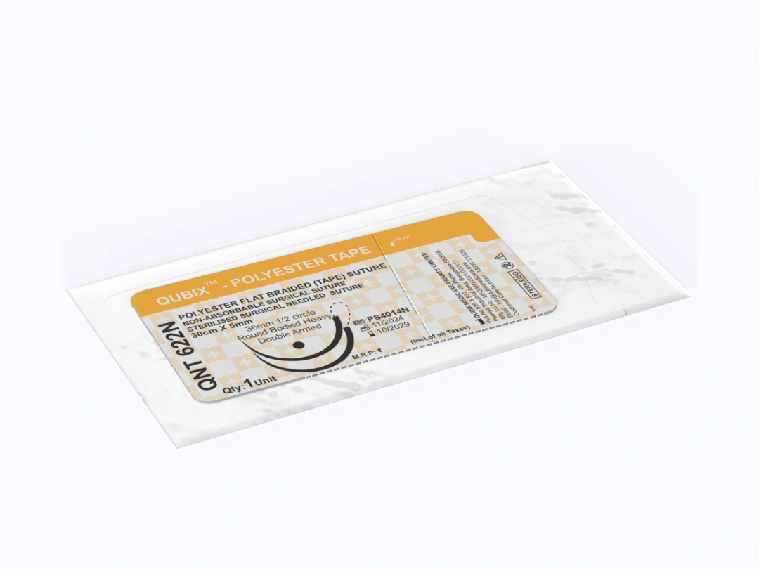 A sterile suture foil containing QUBIX™ – POLYESTER TAPE non-absorbable suture.
