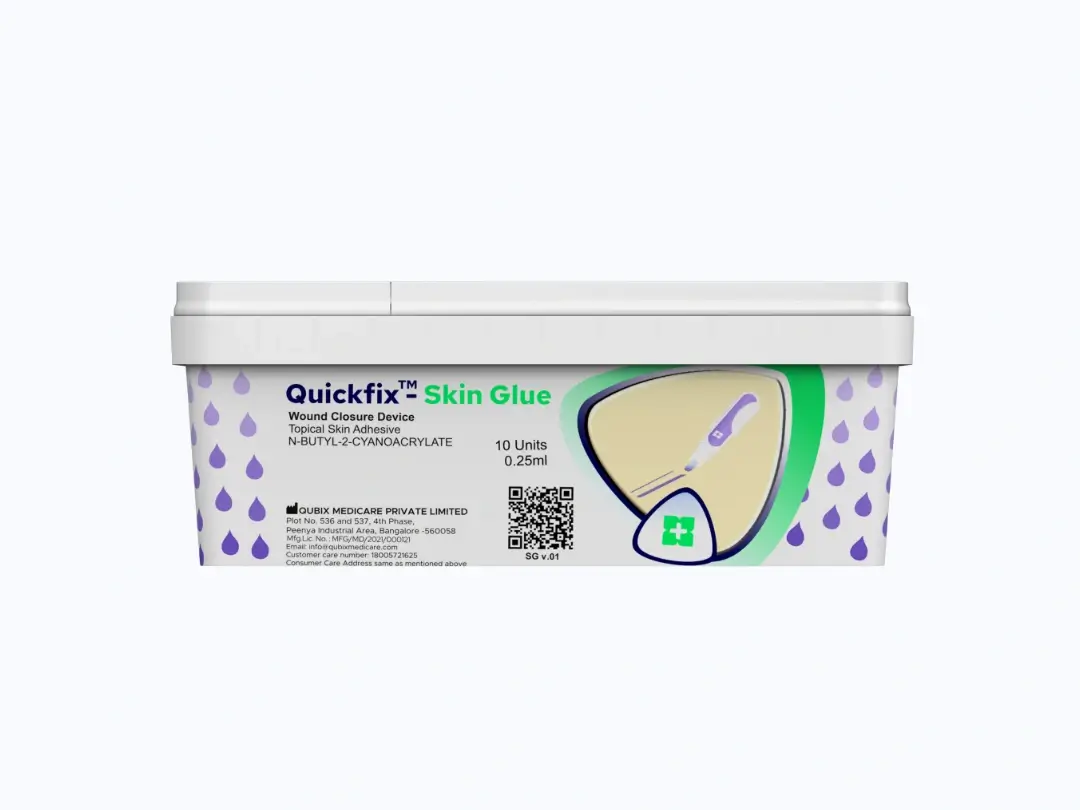QUICKFIX™ – SKIN GLUE topic skin adhesive comes in a unique polypropylene box packaging.